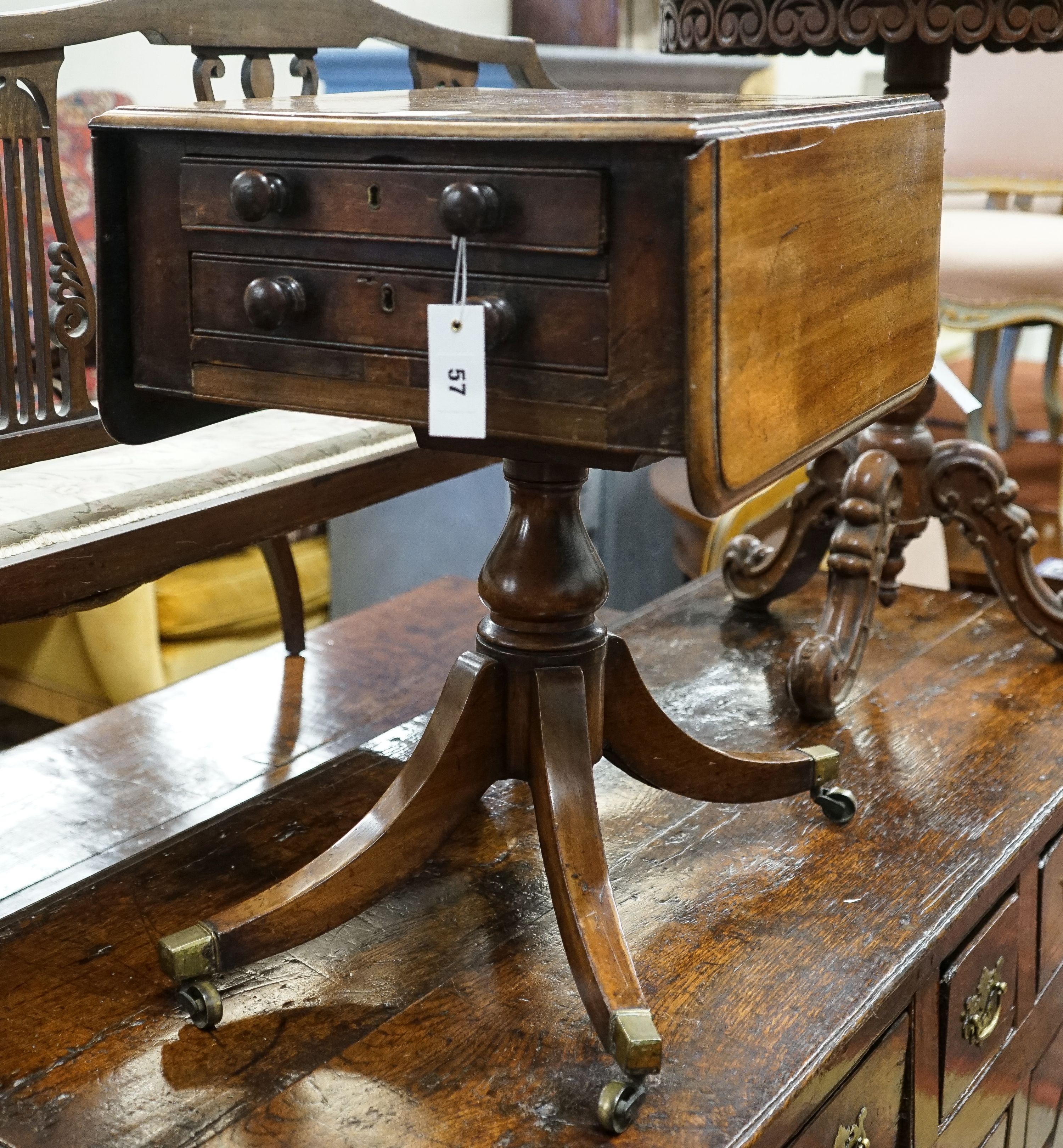 A Regency mahogany drop flap work table, (altered), width 39cm, depth 45cm, height 56cm